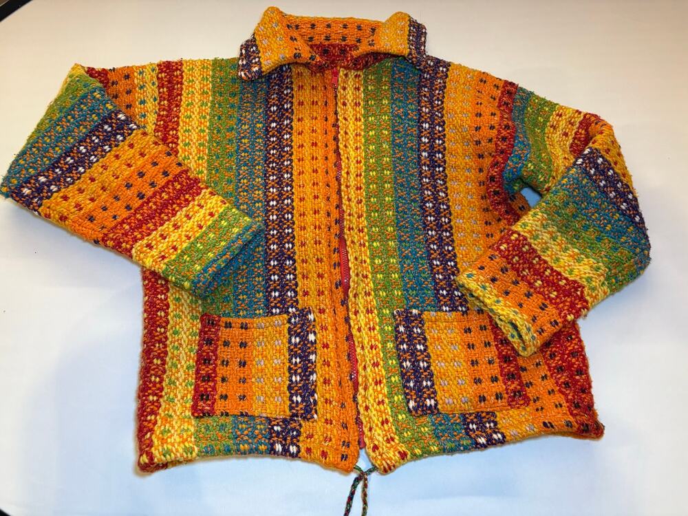 Vintage Handmade rainbow Hand Woven Zip Sweater Jacket Boho Hippie festival
